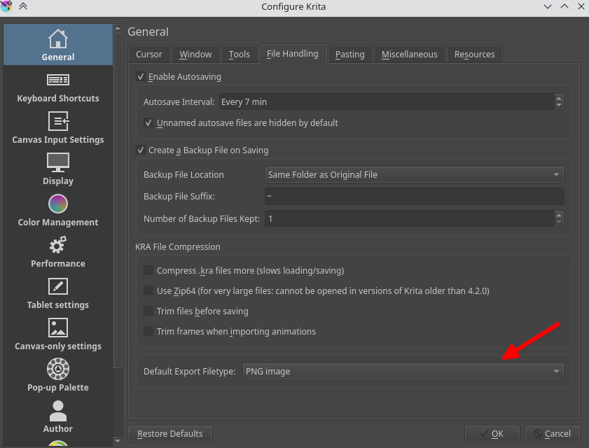 default file type option for the export